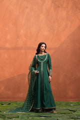 Hoor, a green raw silk 3-piece suit by Jahaan