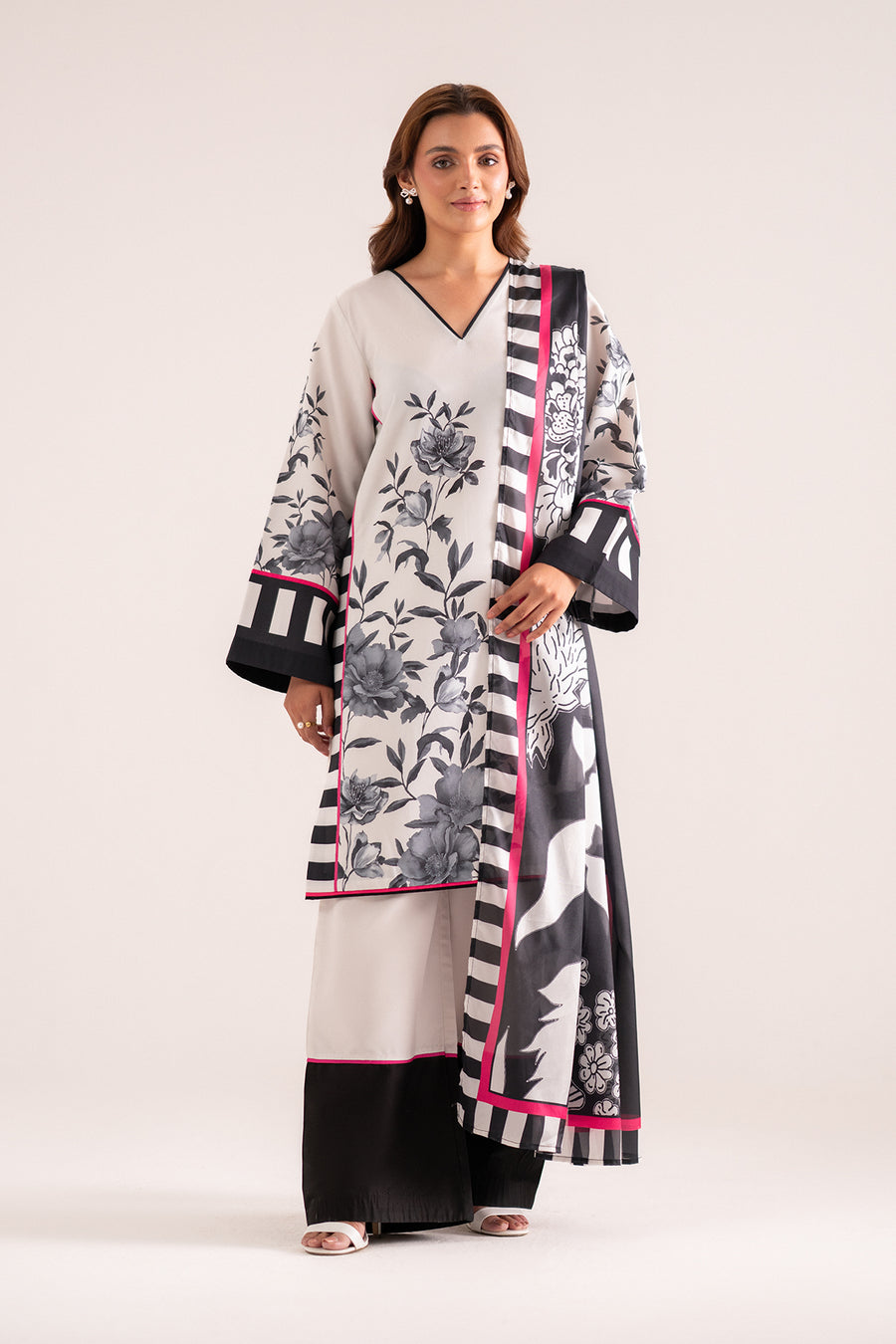 Sylve, an ivory & black silk lawn 3-piece suit by Jahaan
