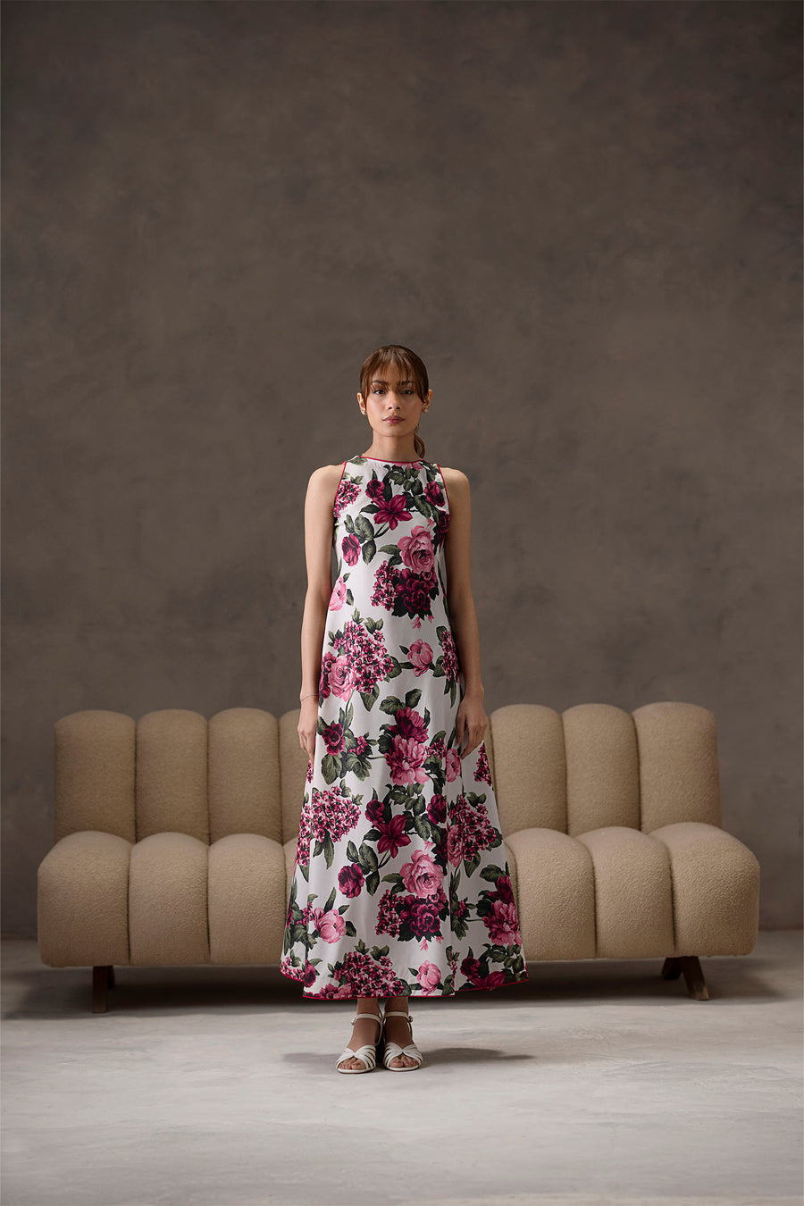 Cinder, a sleeveless white & pink silk lawn dress by Jahaan