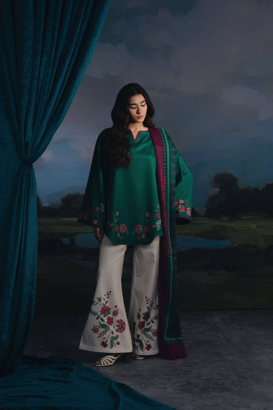 Ivy, a green crepe 3-piece suit by Jahaan