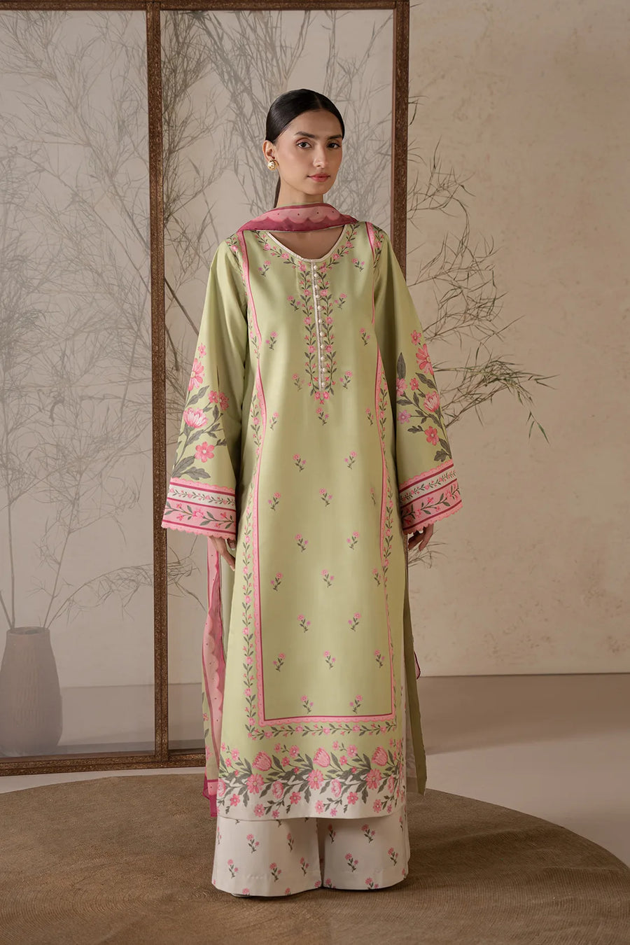 Aveline, a serene green crepe 3-piece suit by Jahaan