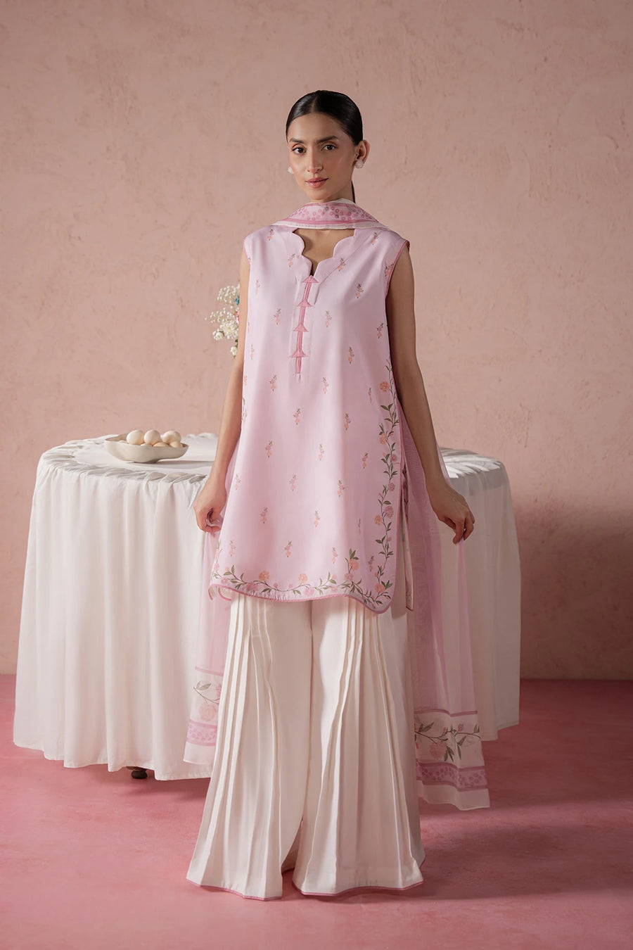 Bloom, an ivory & pink crepe 3-piece suit by Jahaan
