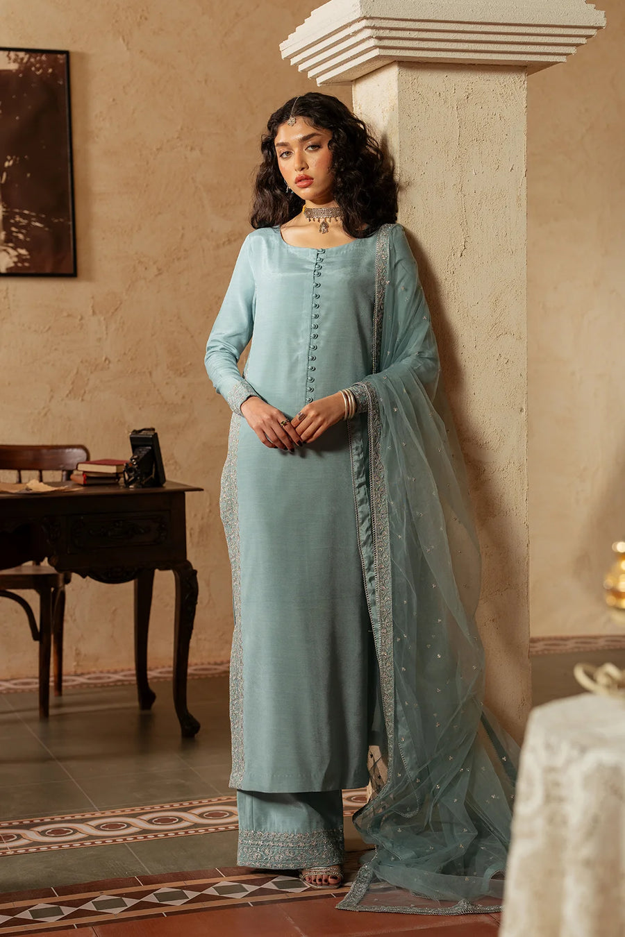 Feroza, an ice blue raw silk 3-piece suit by Jahaan