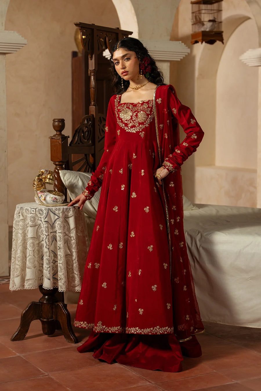Gulnaar, a red raw silk 3-piece suit by Jahaan