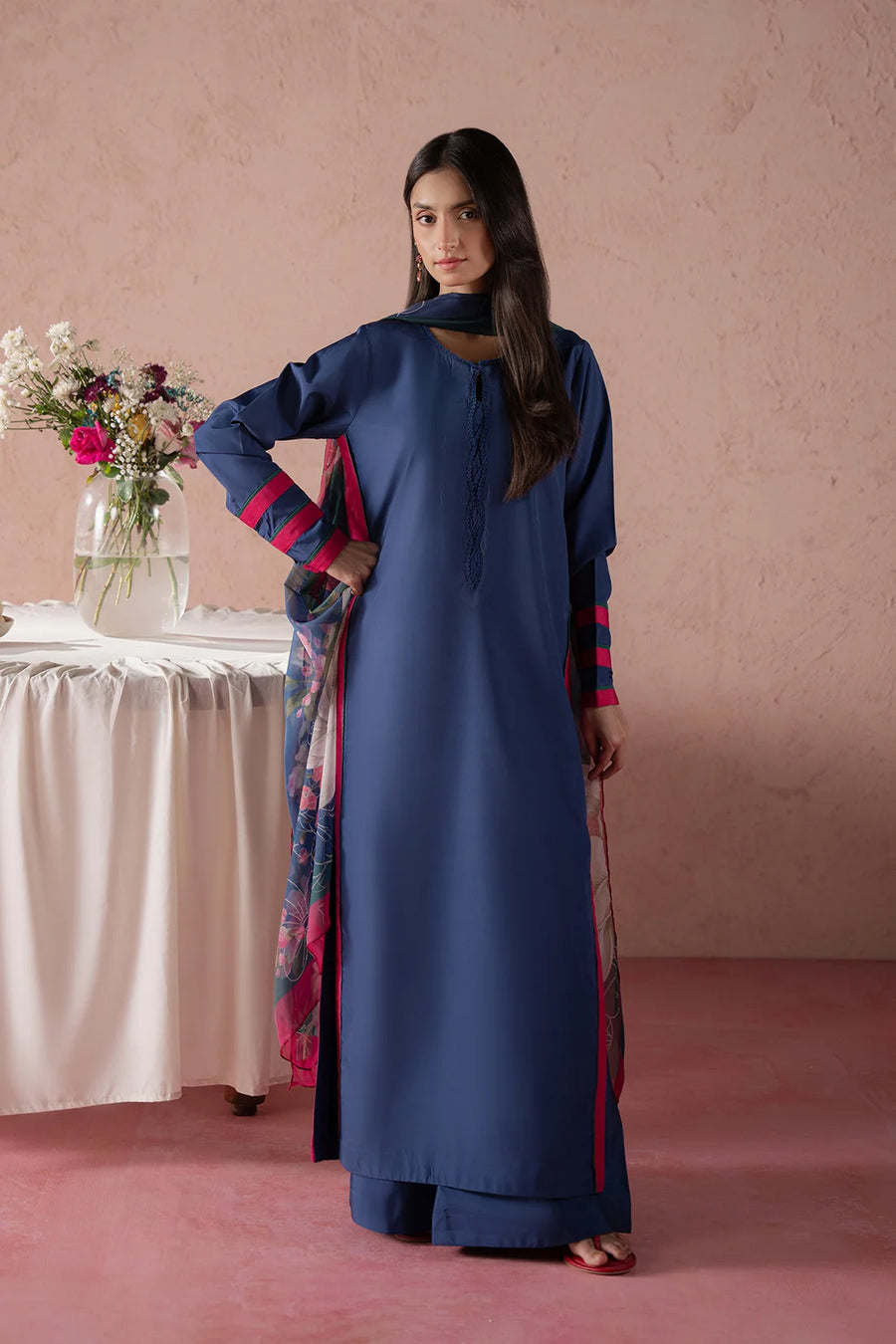 Nerisse, a blue & pink crepe 3-piece suit by Jahaan