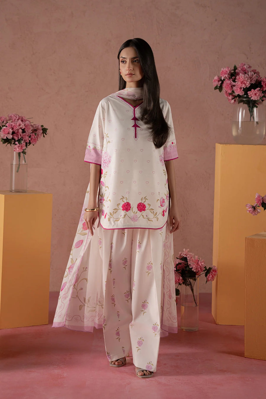 Roselle, a pink & ivory crepe 3-piece suit by Jahaan