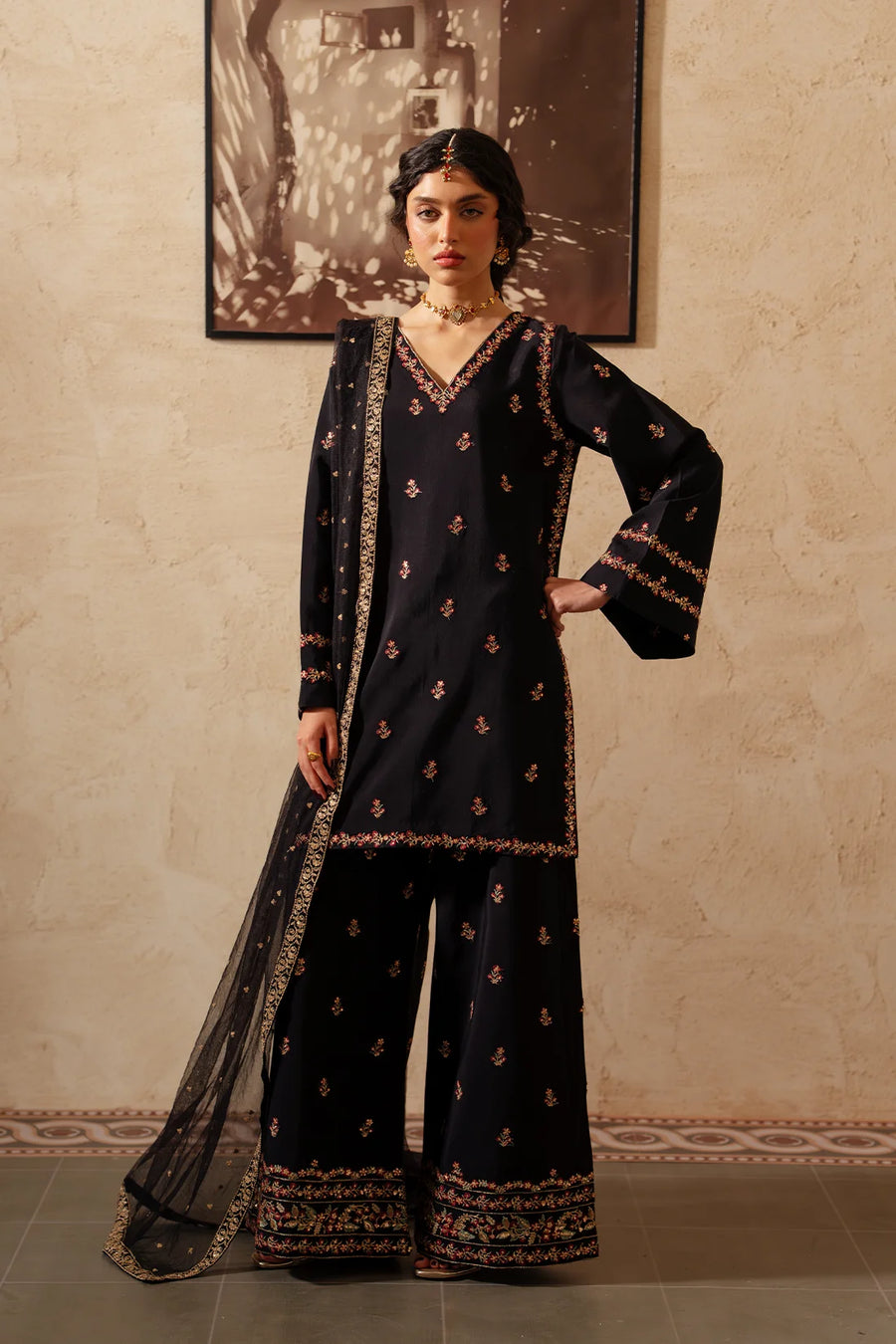 Sehar, a black raw silk 3-piece suit by Jahaan