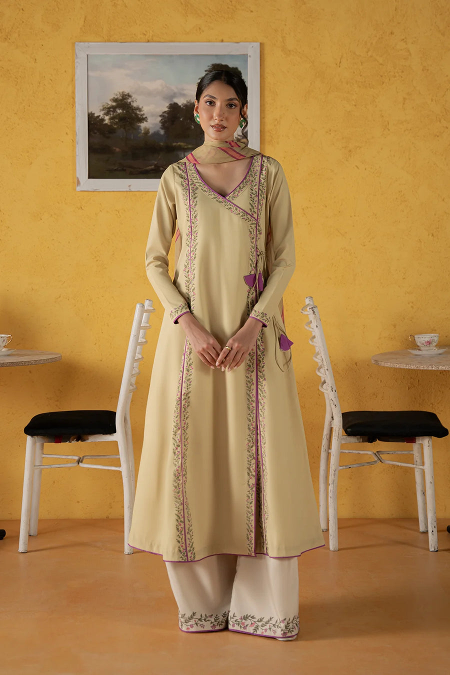 Sunelle, a green & ivory silk lawn 3-piece suit by Jahaan